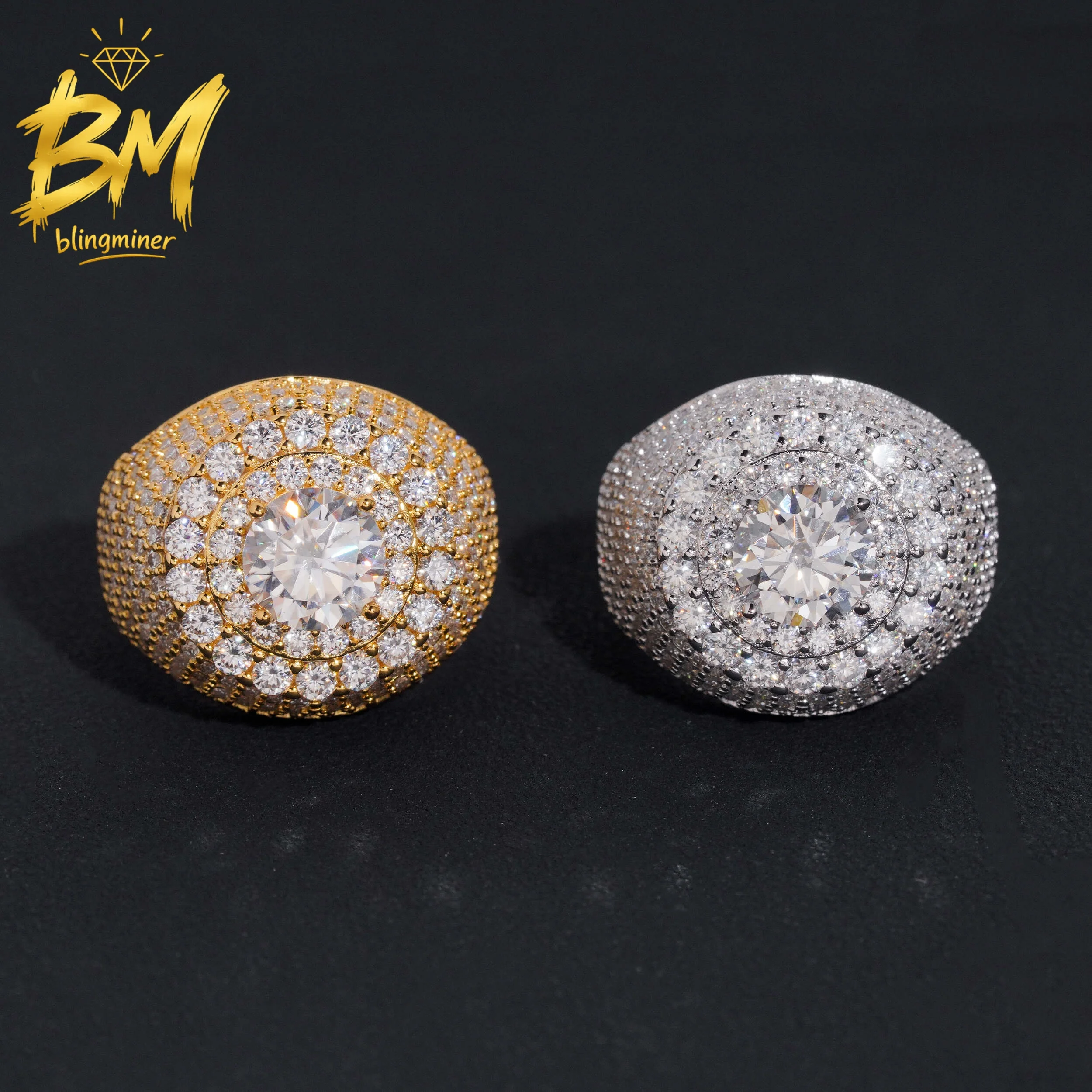 Blingminer Iced Out Round VVS Moissanite Rings For Men Women S925 Silver Finger Jewelry Pass Diamonds Tester GRA Free Shipping
