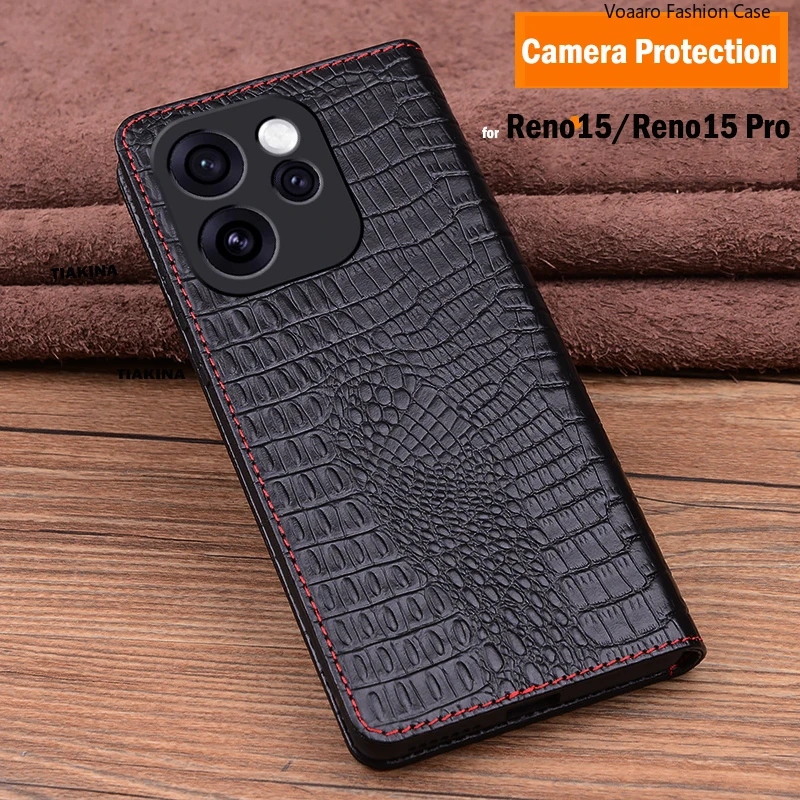 حافظة لهاتف OPPO Reno15 Pro من جلد البقر الأصلي لهاتف OPPO Reno 15 Pro حافظة لهاتف OPPO Reno 15 Pro غطاء هاتف قابل للطي بنمط التمساح