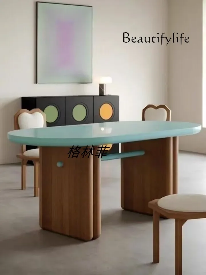 

French medieval style solid wood dining table and chair combination Nordic simple retro dining table log oval table