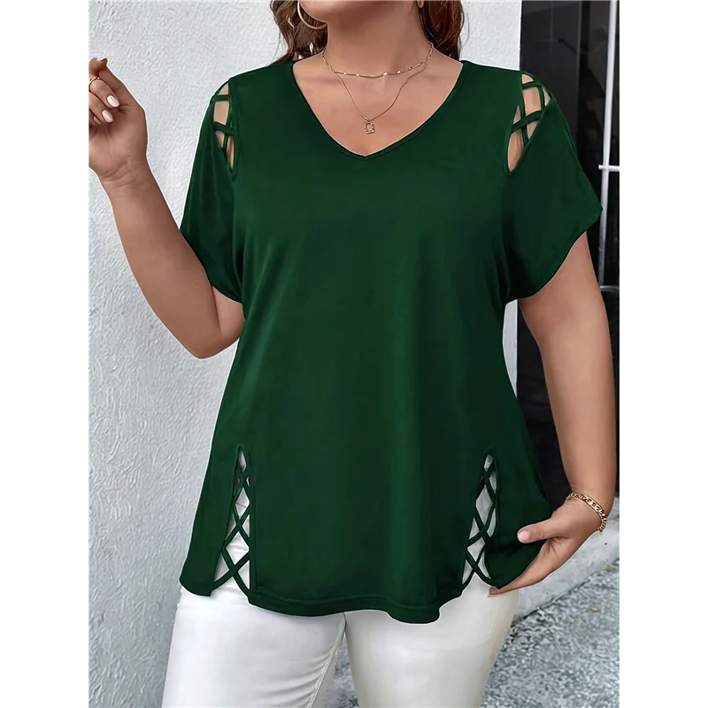 ABRT-Tops túnica femininos de manga curta cortados com decote em V elegantes casuais soltos tops longos