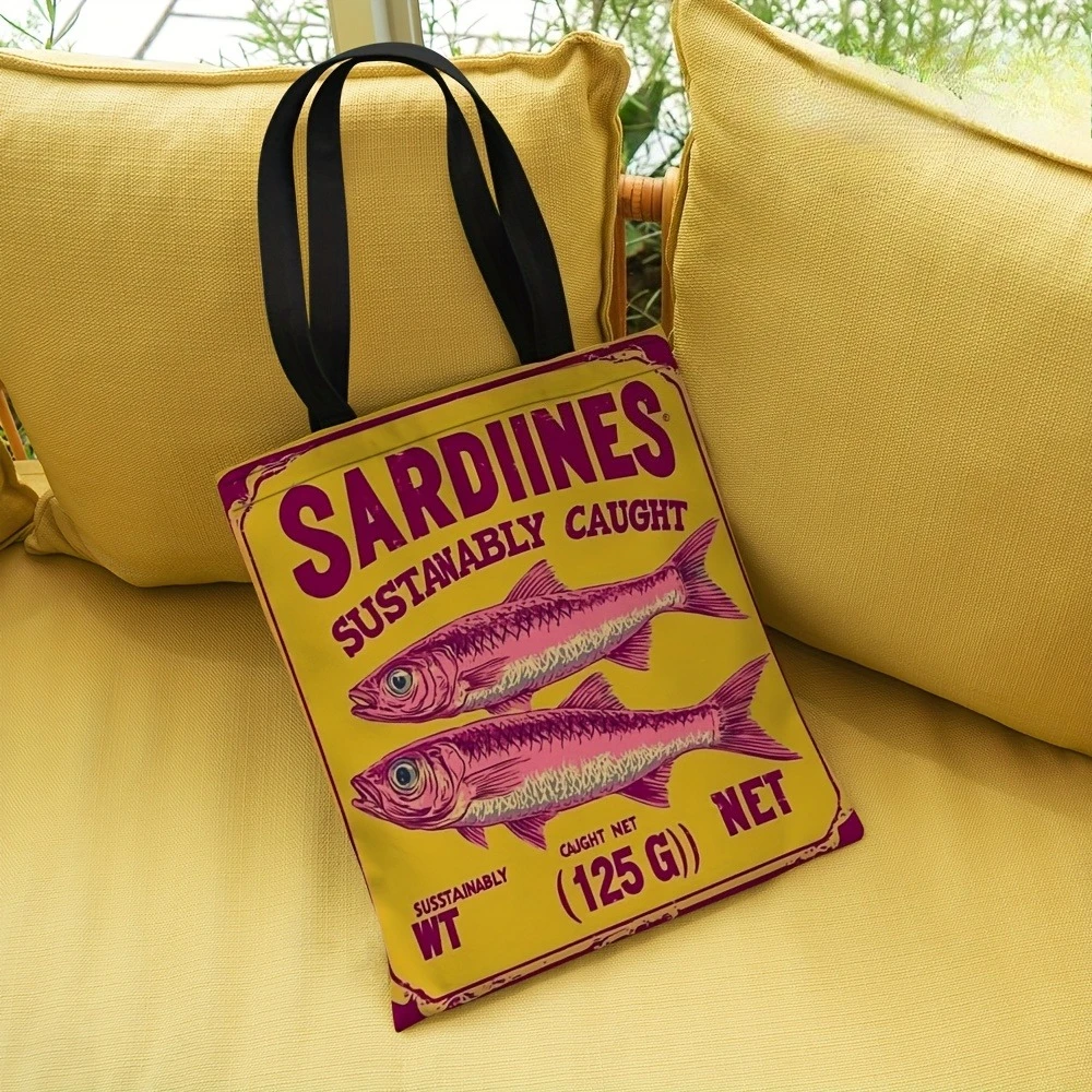 1 قطعة تصميم السردين حقيبة حمل بوليستر متينة-حقيبة تسوق قوية ذات سعة كبيرة مطبوعة "ساردينز مستدامًا" حقيبة