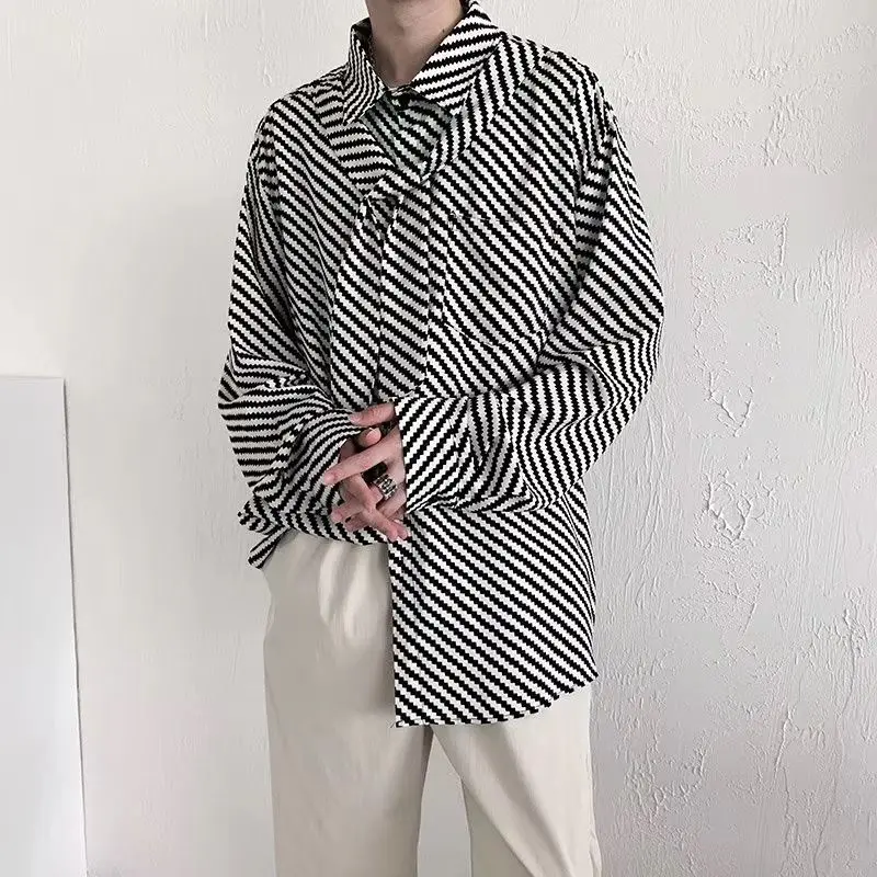 Street Casual Fashion Classic Striped Loose Button Straight Turn-down Collar Man Spring Summer Thin Men\'s Clothing 2023 Korean