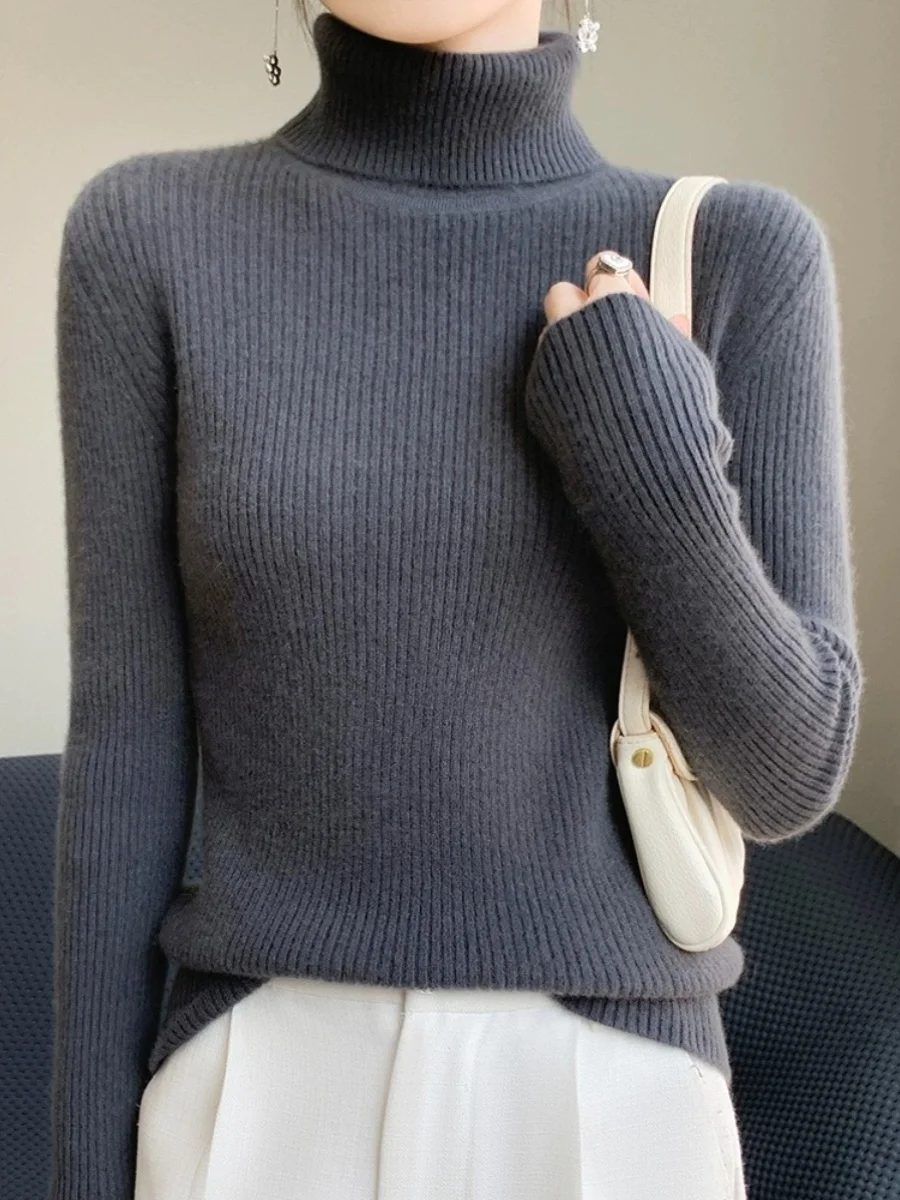 여성용 티엔드 하이 칼라 니트 스웨터 울 타이트 핏 가을 겨울 신상 슬림 베이스 이너웨어 탑