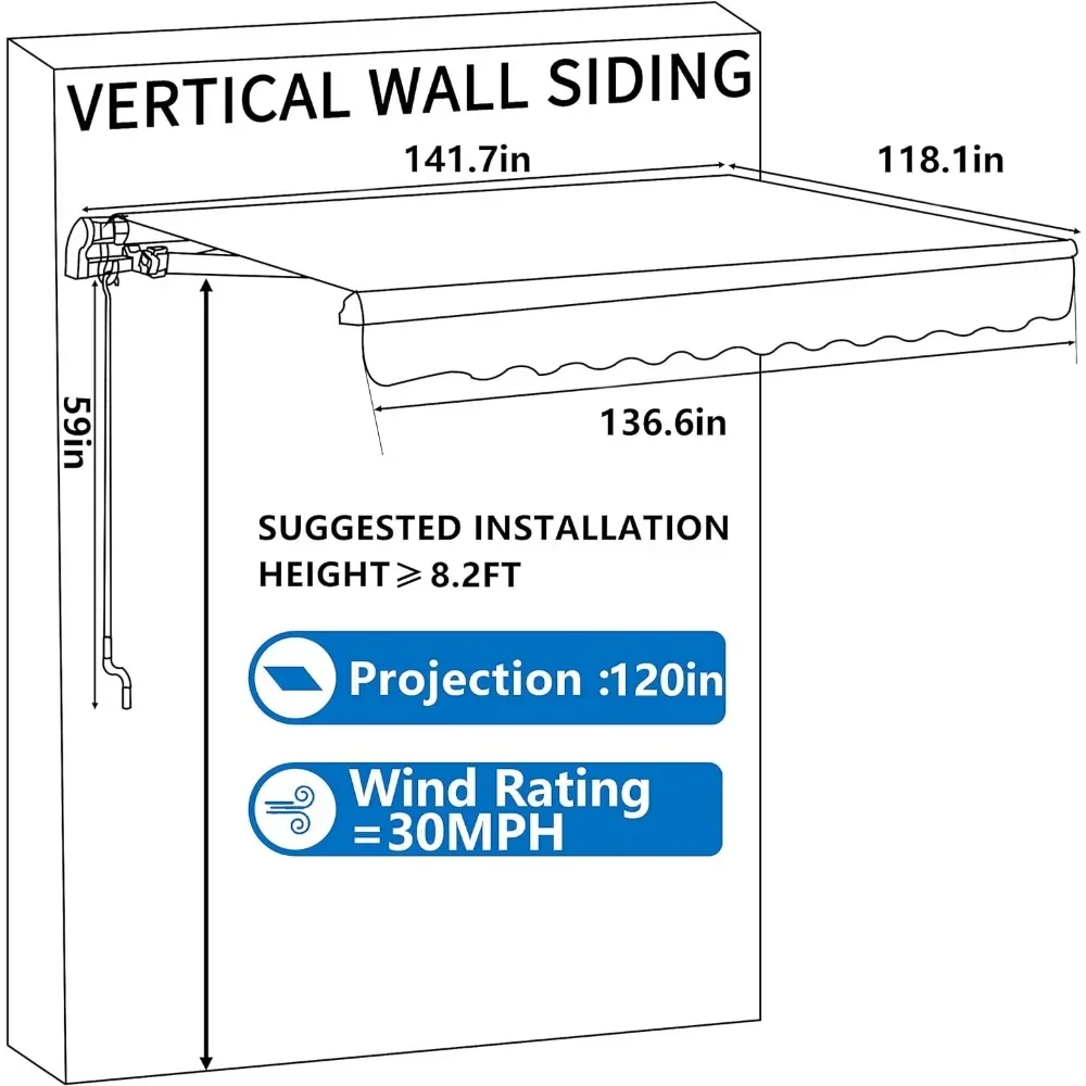 12'x10' Retractable Patio Awning Sun Shade Cover, Outdoor Shelter for Deck with Manual Crank 120in Projection, Grey