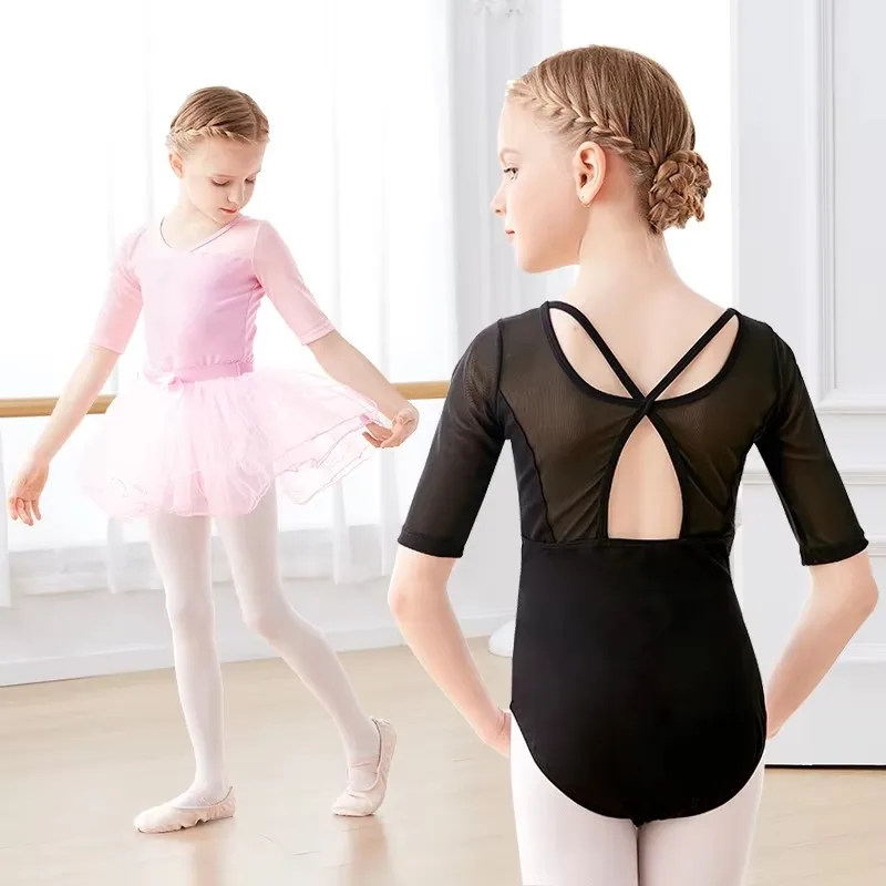 

Girls Half Sleeve Ballet Leotards Kids Gymnastics Mesh Splice Leotards Dance Bodysuit Hollow Cross Back Ballet Costumes