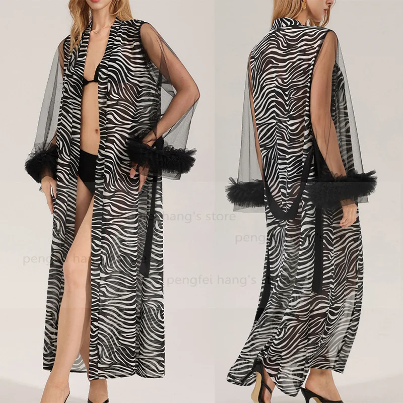 

Lady Big Size Robe Sexy Sheer Mesh Sleeve Kimono Zebra Bathrobe Gown Autumn New Loungewear Women Satin Night Wear Sleepwear