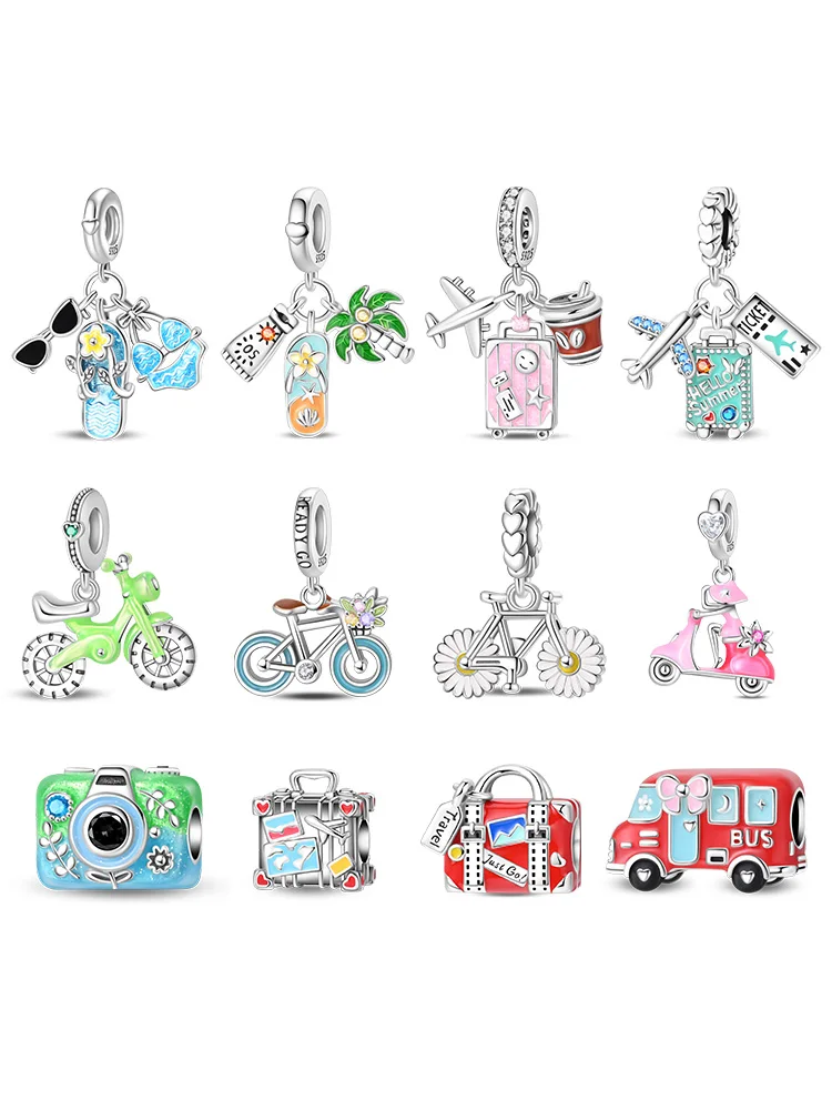 AliExpress NONE New 925 Sterling Silver Summer Outing Bicycle Camera Luggage Charms Pendants For Women Fit Original Bracelet DIY Jewelry Gifts