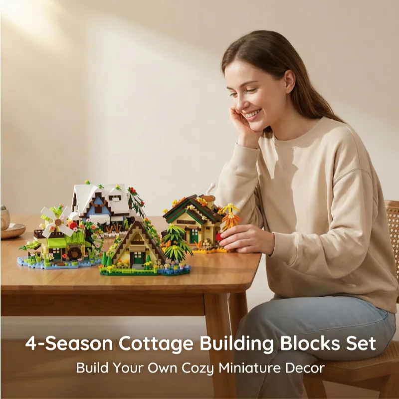 Four-Season Cottage Building Block Set, Collectible Miniature House Model, DIY Assembly Toy for Adults, An Excellent Gift for Ho