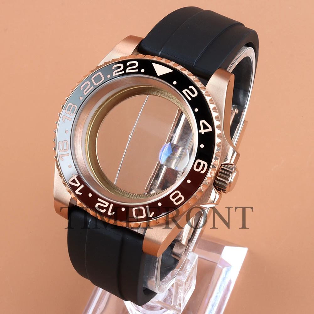 

40mm Rose Gold Watch Case Sapphire Glass Stainless Steel For NH35 Nh36 Nh34 Automatic Movement Yacht-master Case Rubber Strap