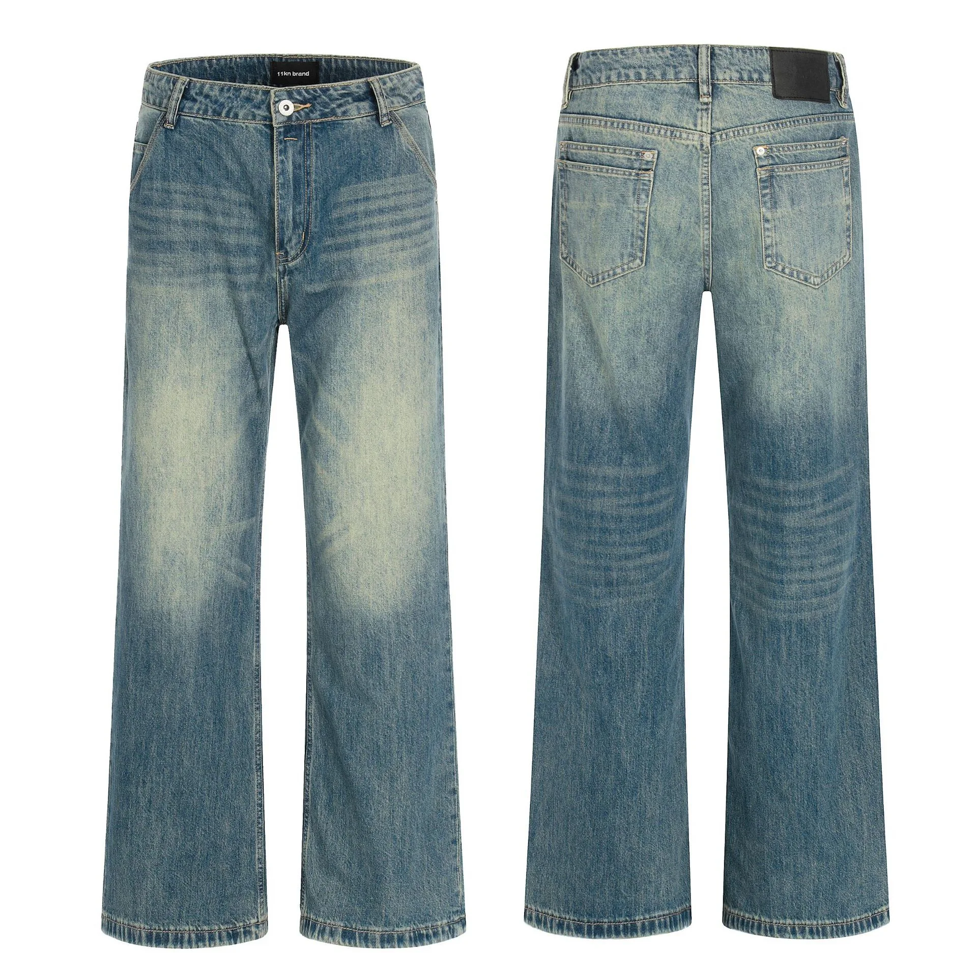 

American Retro Jeans Men Women Waed Blue Faded Slimming Casual Long Pants Straight Leg Jeans mid Waist Zipper Closure