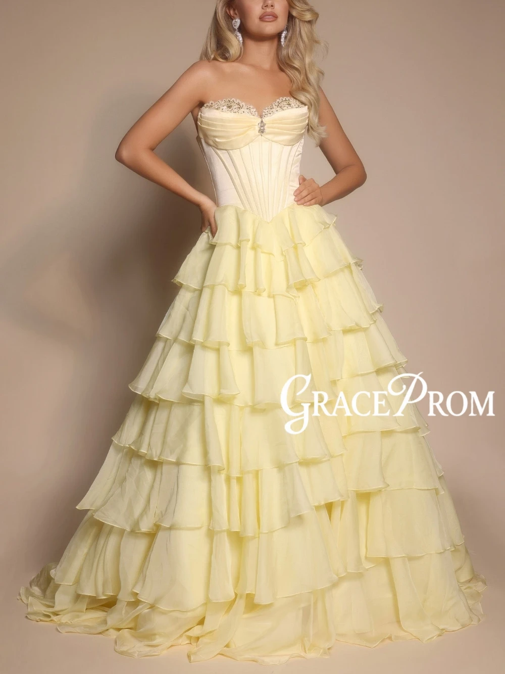 Yellow Sweetheart Prom Dress Fluffy Ruffled Tiered Chiffon Evening Gown Cute Romantic Formal Graduation Dance For Teen Girls