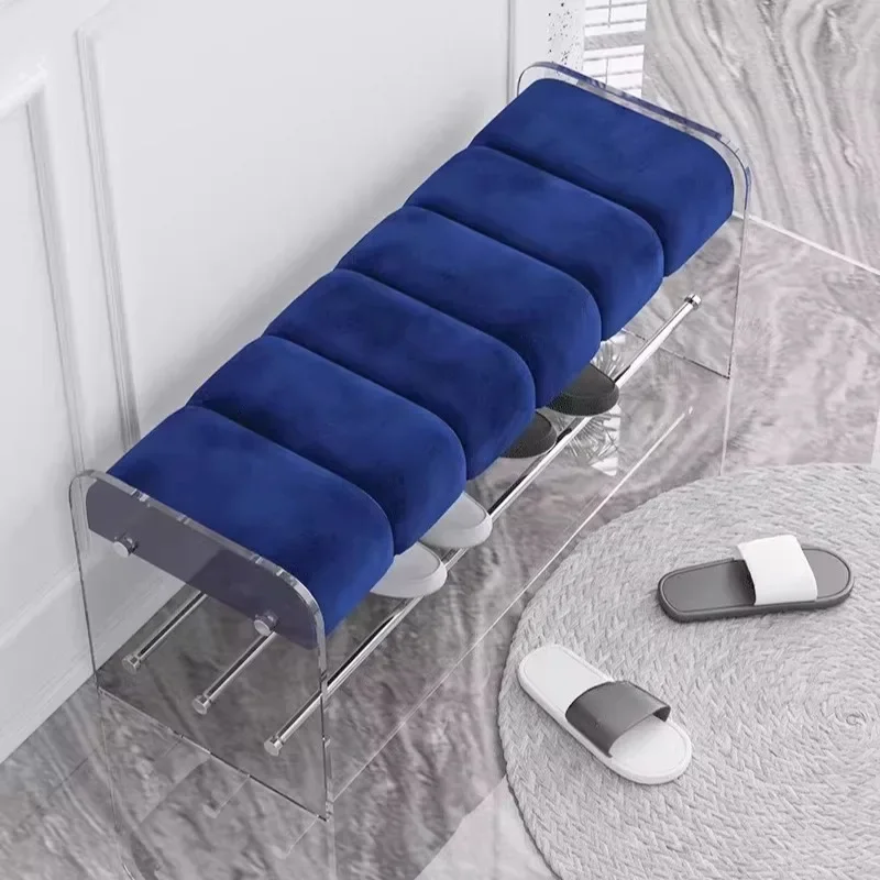 Modern Entryway Bench with Shoe Storage - Velvet Channel Tufted Seat, Clear Acrylic Frame, Shoe Rack for Hallway Living Room