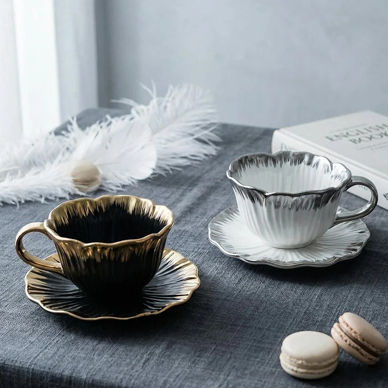 Gilded-edge flower Coffee Cup and Saucer Ceramic Drinking cup Afternoon Tea set of High Appearance Quality For Ladies Tea Cup