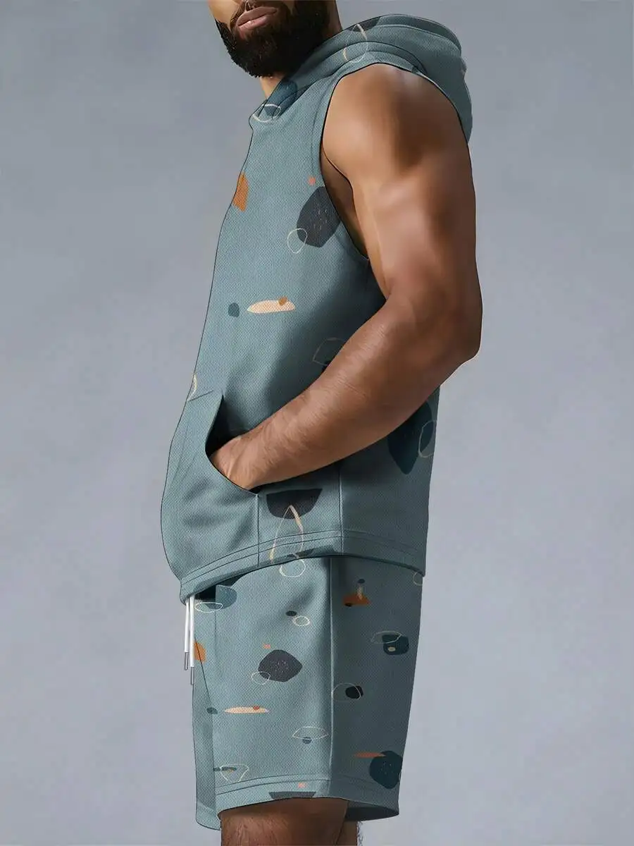 

Mens Sleeveless Hooded Vest And Shorts Set Abstract Pattern Summer Breathable Casual Two-Piece Outfit