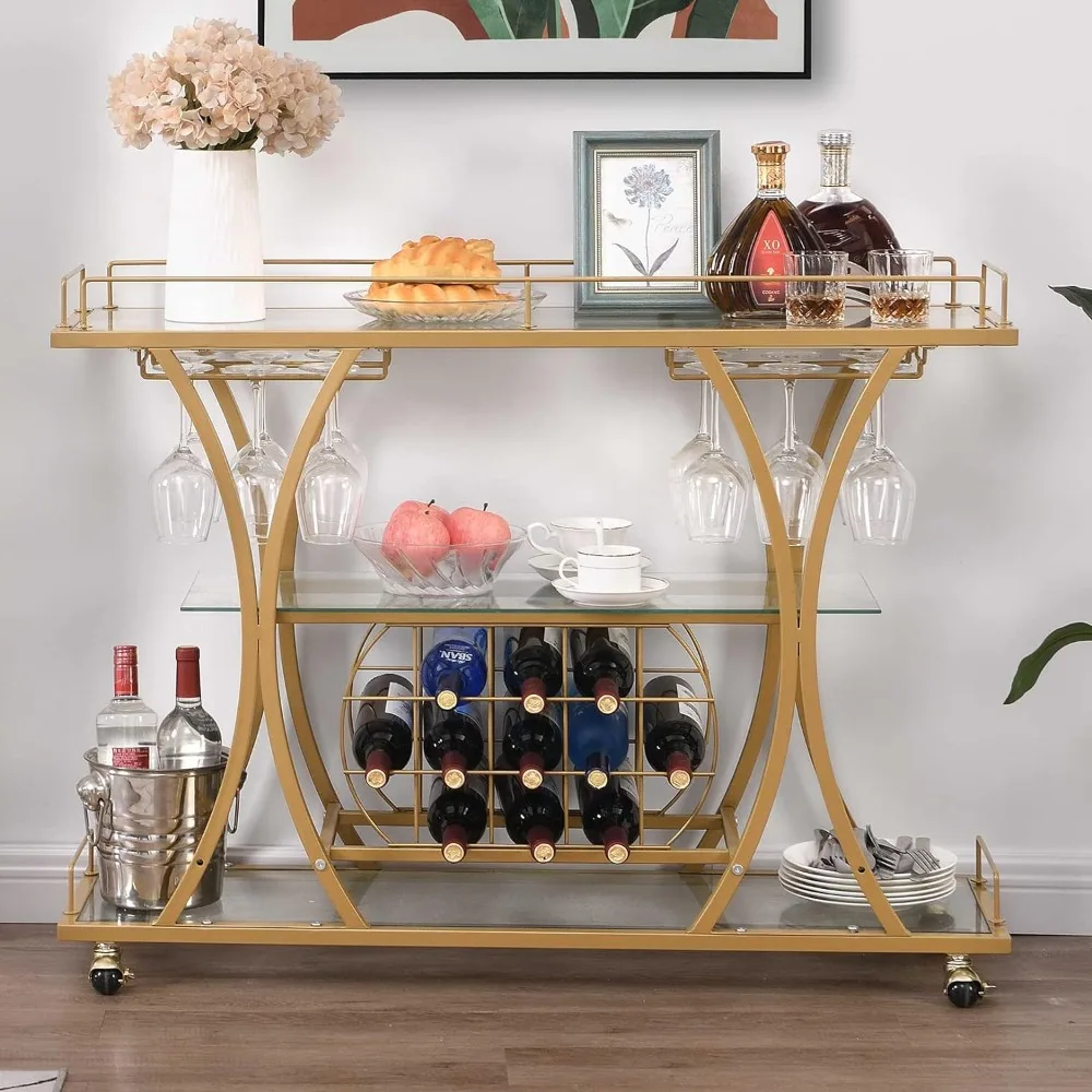 

Bar Serving Cart with Glass Holder and Wine Rack, 3-Tier Kitchen Trolley Tempered Shelves Gold-Finished Metal Frame, Mobile