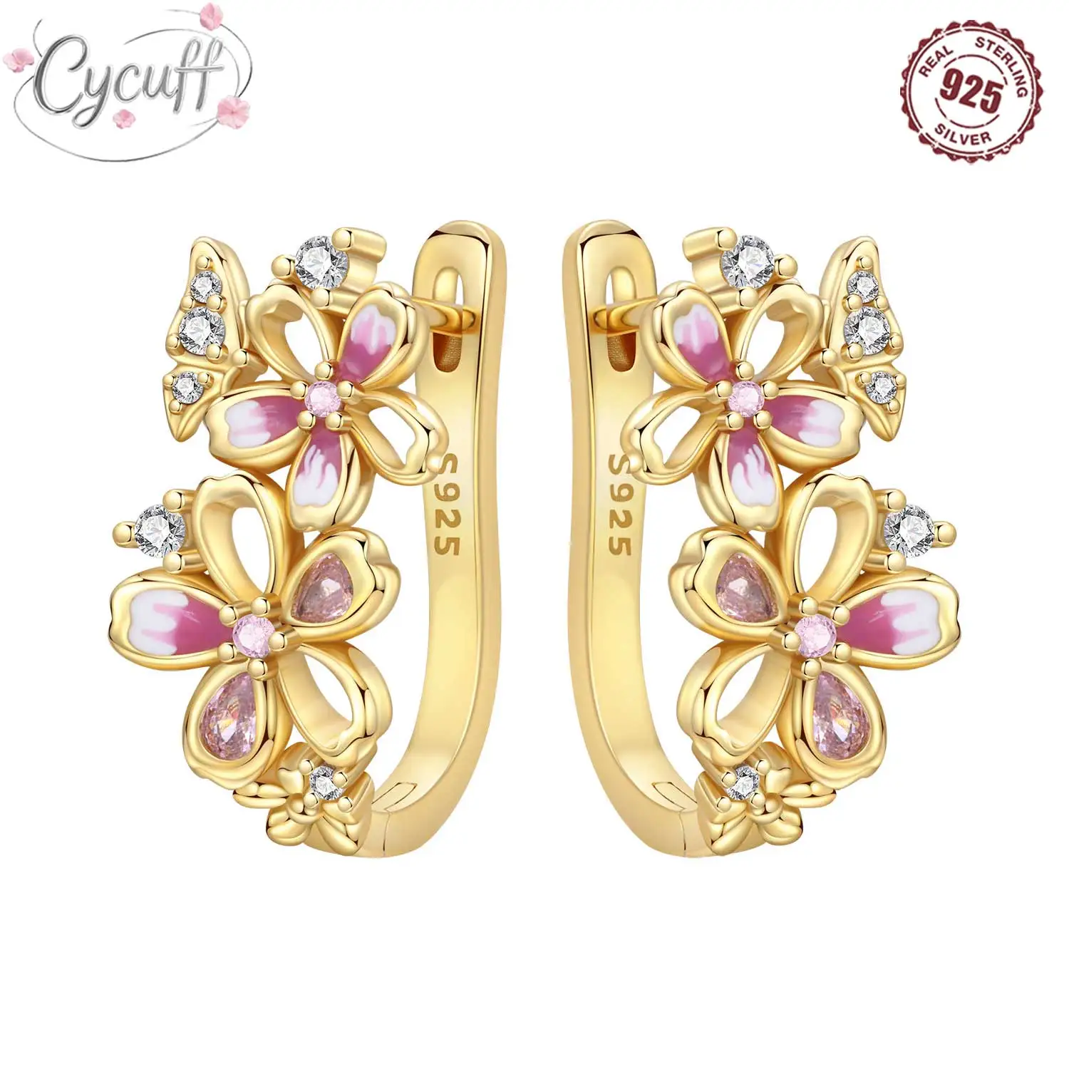 

Оригинальные серьги-кольца из стерлингового серебра 925 пробы, золото 18 карат, вишневый цветок, бабочка, модные серьги для женщин, вечерние ювелирные изделия, подарки