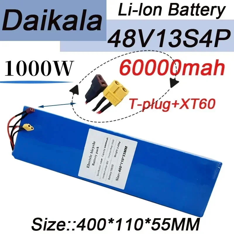 

2024 13S4P 48V lithium-ion battery pack, suitable for 60000mAh 54.6V BMS electric bicycles and scooters, consisting of 18650