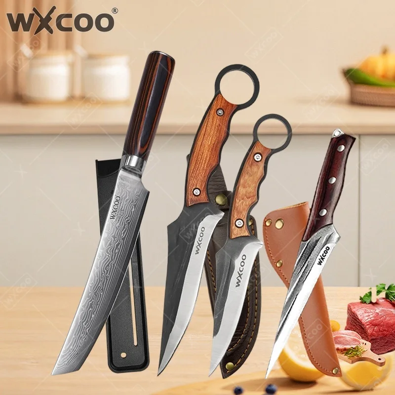 WXCOO Damascus Steel Chef Knife Hand Forged Butcher BBQ Knife Cutting Kitchen Knife Meat Fruit Kitchen Accessories Cooking