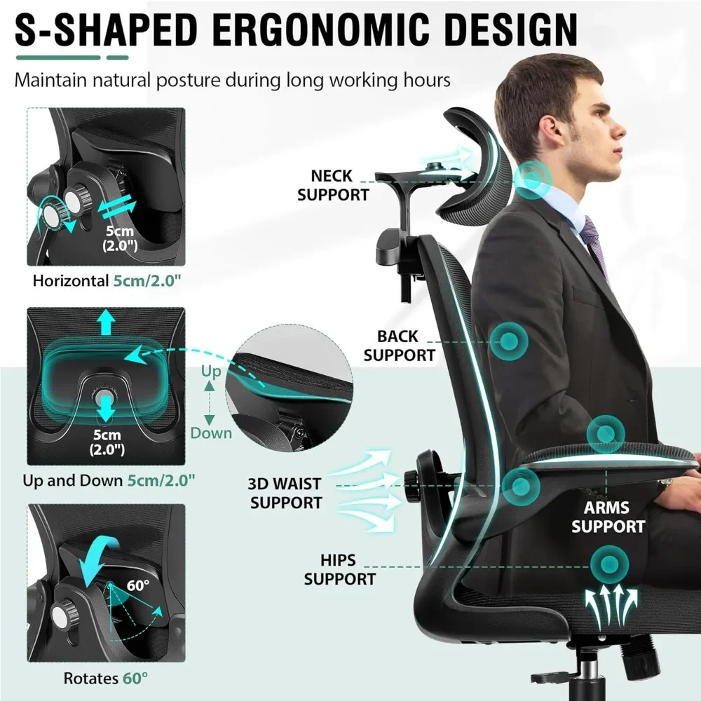 Kursi kantor, kursi kantor ergonomis dengan penyangga Lumbar 3D, sandaran kepala kantor, kursi tinggi, nyaman