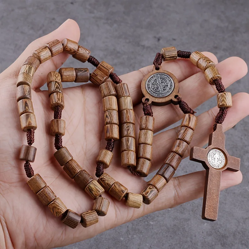 5Pcs Handmade Wooden Rosary Necklace St Benedict Medal Barrel Wood Beads Catholic Prayer Rosary Religious Cross Necklace for Men