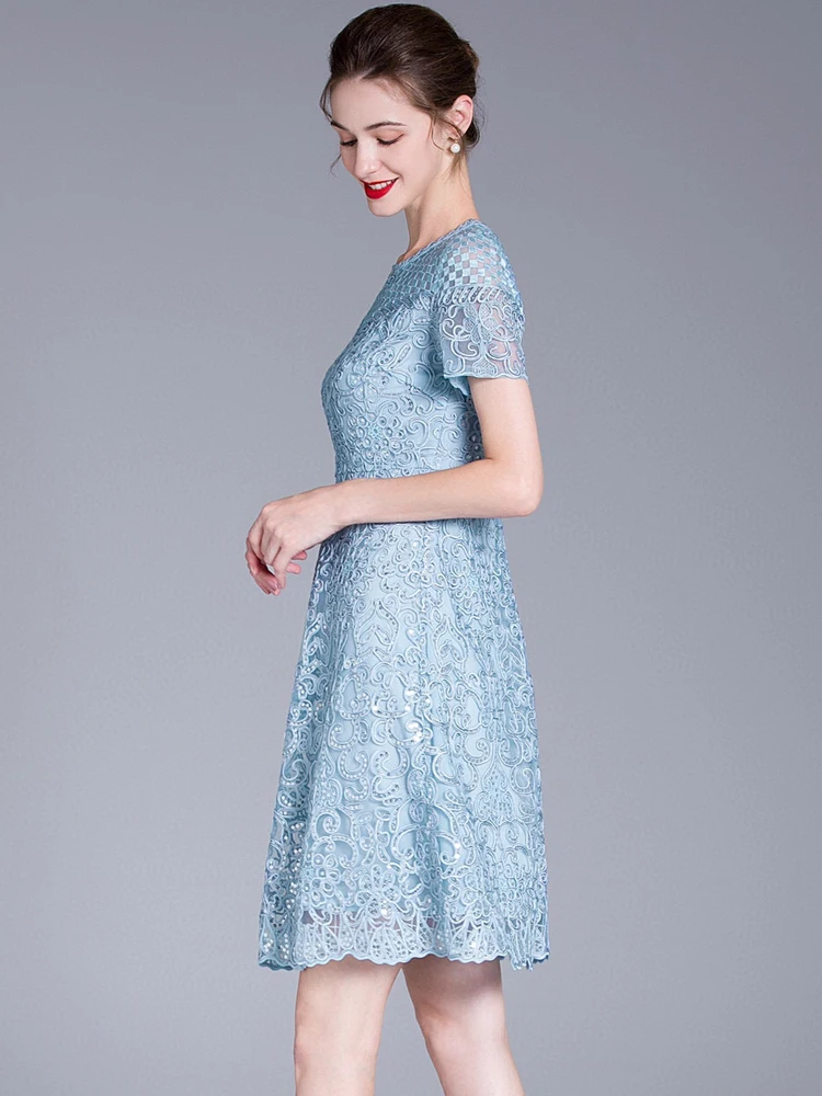 AELESEEN Designer Fashion Summer Dress 2023 New Arrival Sky Blue Red Flower Embroidery Sequined Elegant Slim Mini Vacation