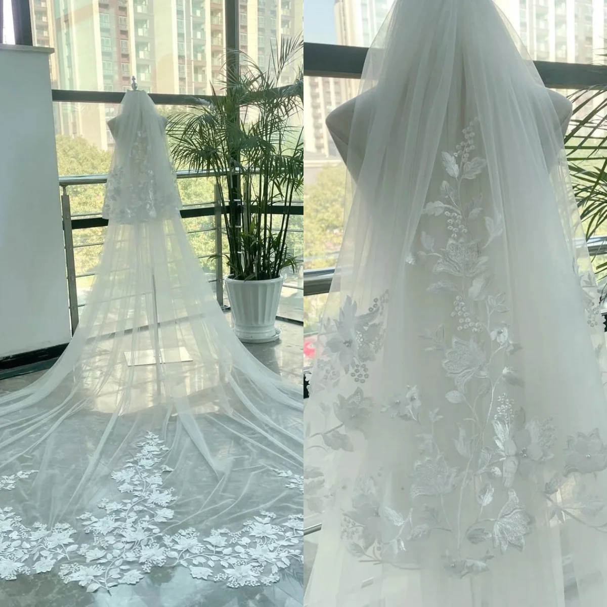 Simple Wedding Veil  Appliques  3M Two Layer Long  Bride Veils Applique Edge Customized Sweep Train Bridal Accessories