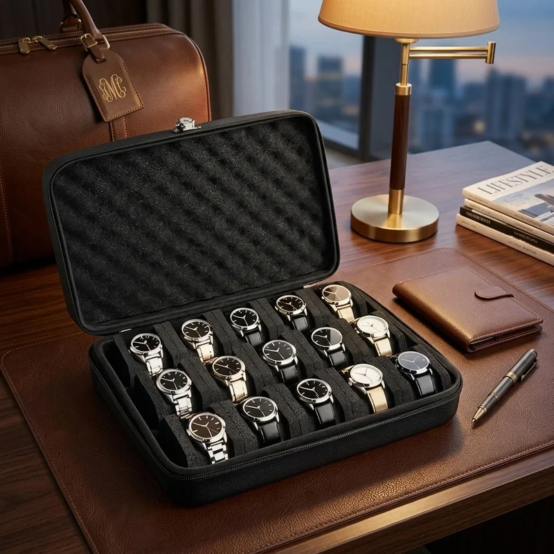 15-Slot Watch Storage Box, Pressure-Resistant Portable Watch Display Case, Jewelry Organizer with Soft Cushion for Home Travel