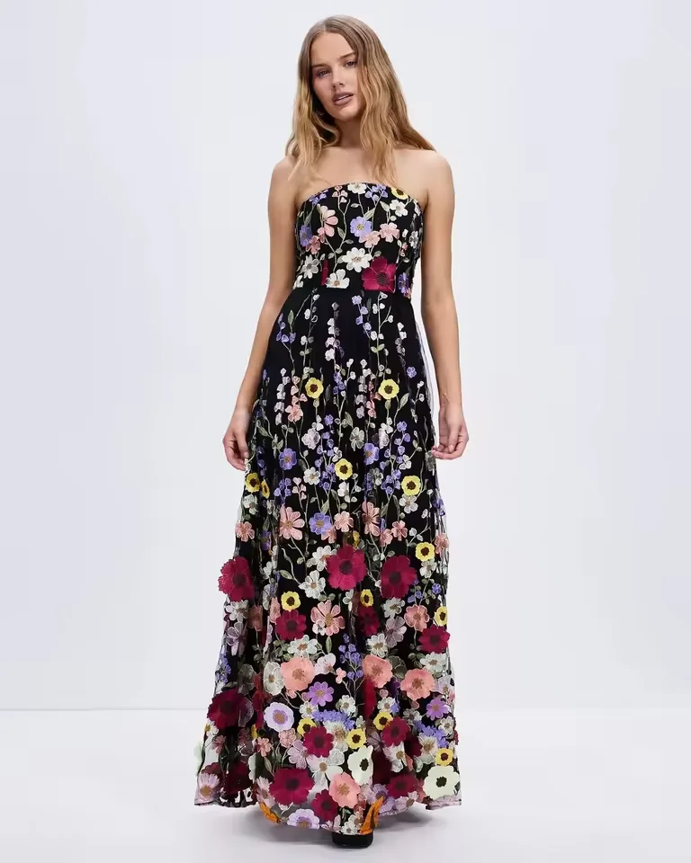 Customized 3D Embroidered Lace Prom Dress 2025 Strapless A-line Floor length Graduation Dress Women's Party Evening Dresses
