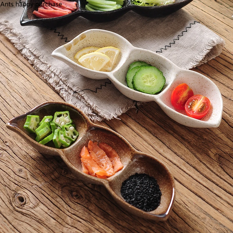 

Bean-shaped Ceramic Plate Dipping Sauce Dish Snack Bowl 3 Compartment Snack Tray Fruit Tray Seasoning Plate Soy Sauce Dish