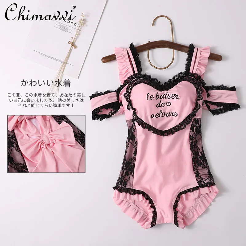 Traje de baño de una pieza rosa Sweet Lolita, bonito traje de baño Kawaii con cuello de novia Y2k, novedad de verano, traje de baño para mujer 2025