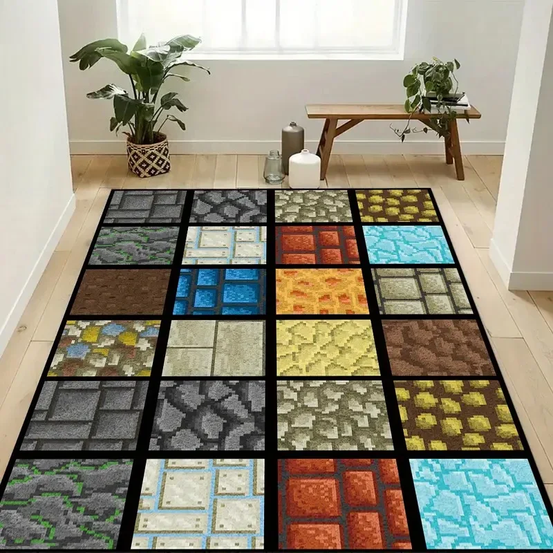 Cartoonisierter, pixelierter Stein, Ziegelmuster, Teppich, Männerhöhle, Spielzimmer-Dekoration, großer Teppich, Schlafzimmer, Nachttisch-Teppich, Wohnzimmer, Heimdekoration