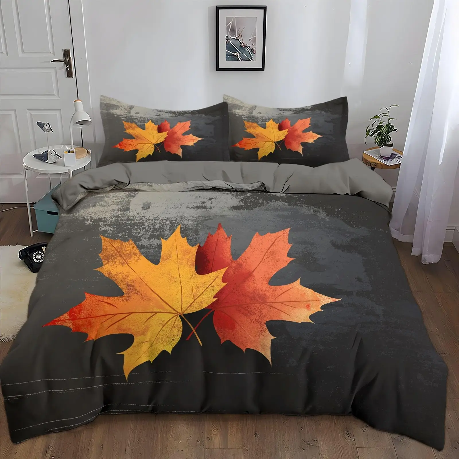 Maple Leaves Duvet Cover Set Twin Queen Autumn Theme Bedding Set, Fall Landscape Print Comforter Cover for Girls Teens Bedroom