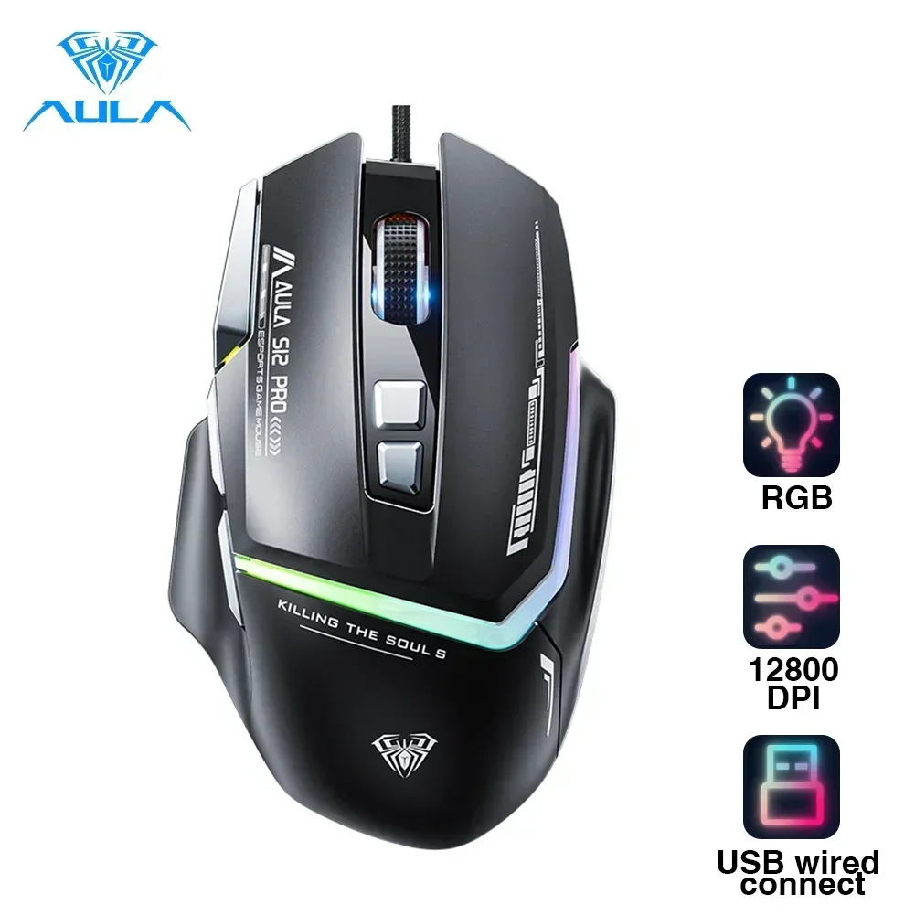 AULA S12Pro Wired Mechanical Mouse 1000HZ 12800DPI RGB Low Latency Macro Defines Esports Gaming Mouse PC Gamer Accessories