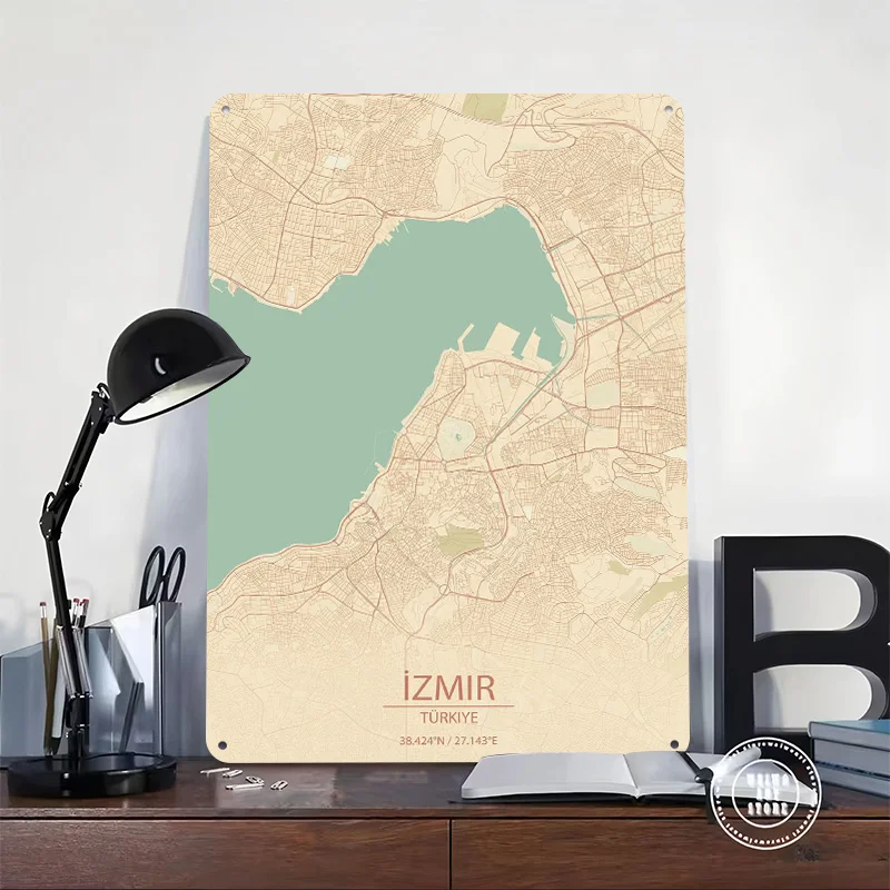 إزمير Türkiye خمر نمط خريطة المدينة مطبوعة ملصق تخصيص جدار الفن ريترو خمر معدن القصدير علامات للمنزل غرفة مكتب ديكور #2