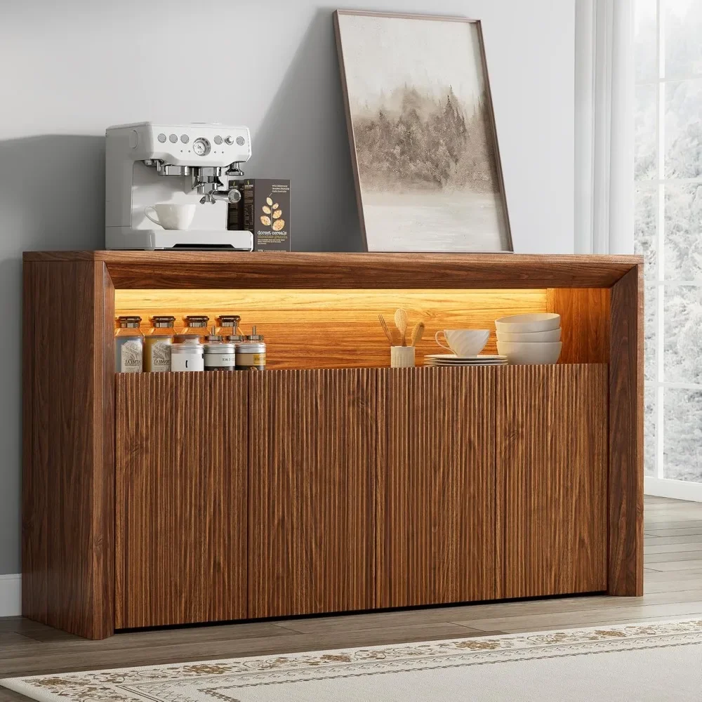 

Buffet Cabinet with Storage and led Lights, Modern Sideboard Cabinet with 4 Doors & Shelves, Fluted Media Console Mid Century