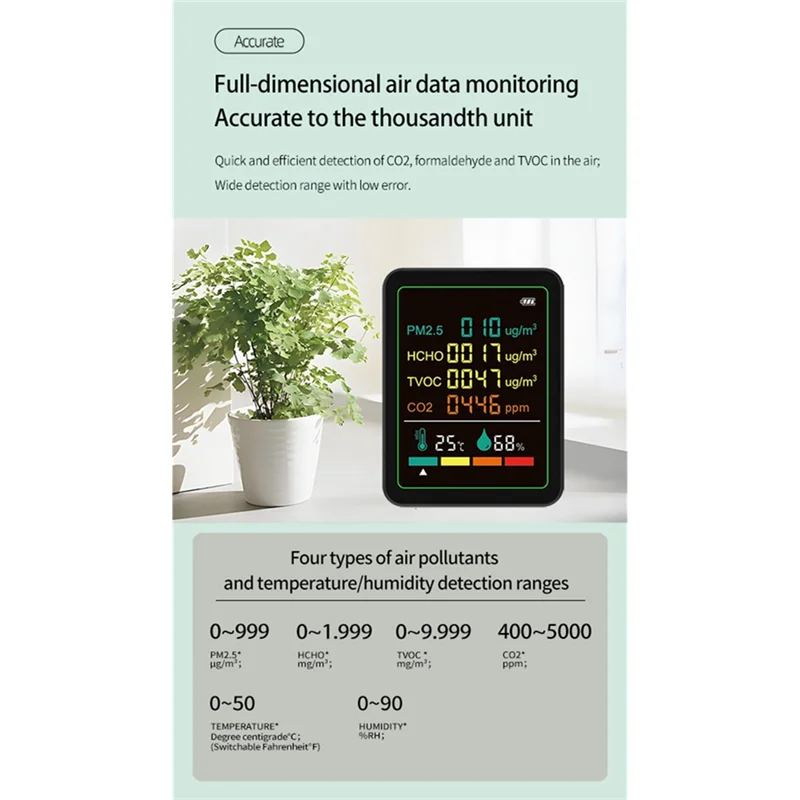 【Design elegante】 Rilevatore digitale di monitoraggio della qualità dell'aria 6In1 Formaldeide TVOC PM2.5 /CO2 Tester di umidità della temperatura