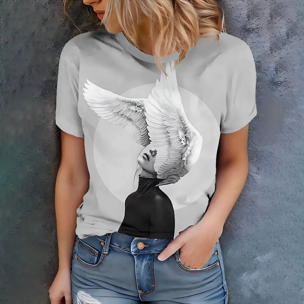 

Плюс размер 1XL-5XL Женская футболка с серым крыльями ангела - Art Casual Style Лето с круглым вырезом и коротким рукавом Лучший выбор