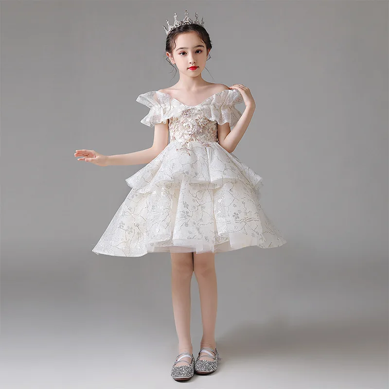 Children Elegant Princess Gown Off Shoulder High Low Tutu Evening Cocktail Party Dress Embroidery Banquet Formal Dresses Ruffle