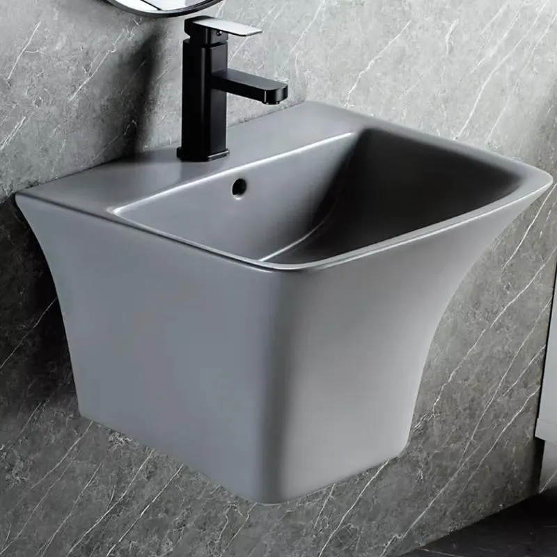 Wall Mounted Matte Gray Ceramic Bathroom Sink Space Saving Hanging Washbasin High Density Suitable For Contractors Bulk Order