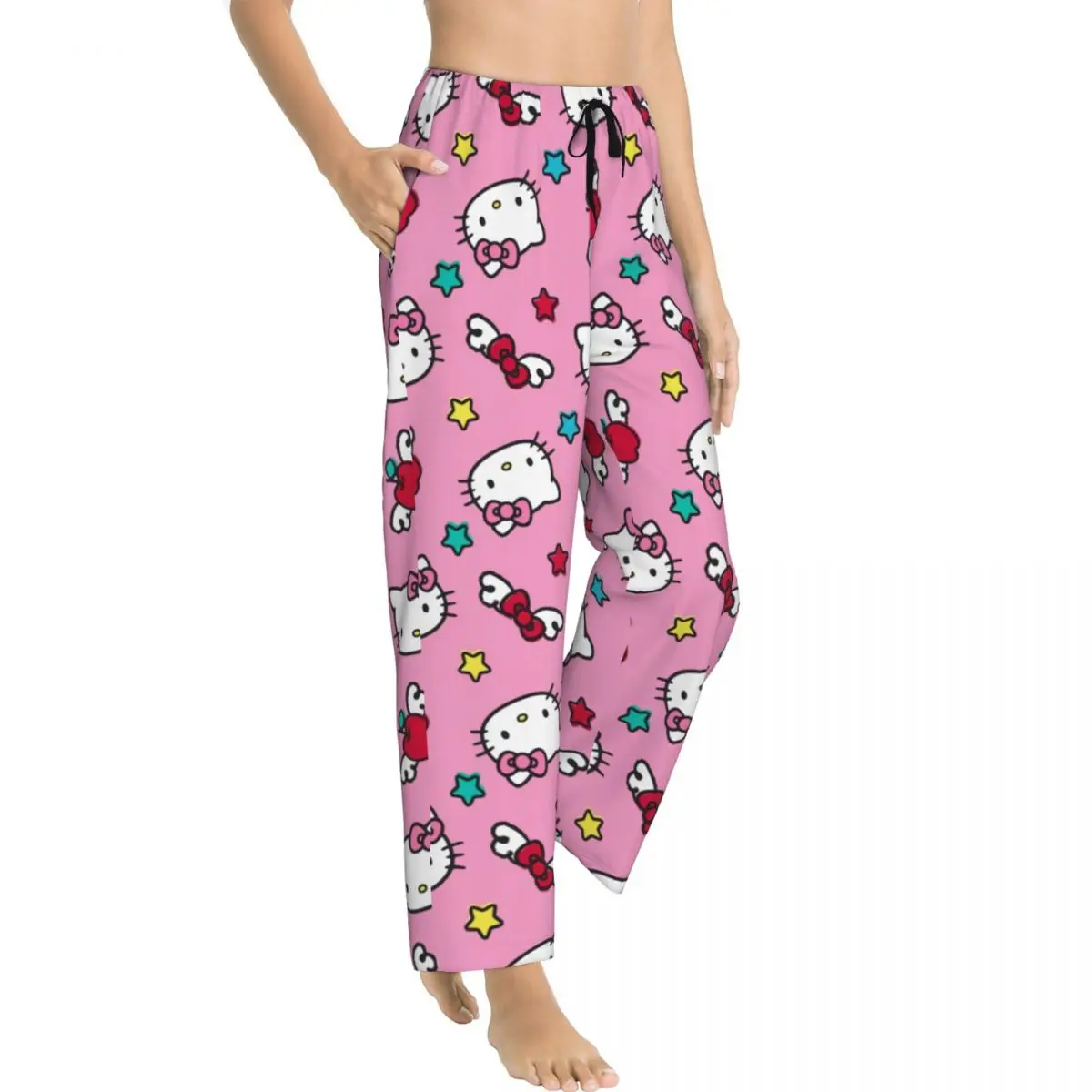 Custom Pink Bow Animated Anime Hello Kitty Pajama Pants Sleepwear Womens Elastic Waistband Sleep Lounge Bottoms with Pockets