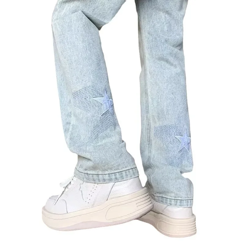 Trendige Marke 2023, neue Herren-Jeans, Sternmuster, lockere Passform, gerades Bein, lässiger Stil, modische Hose mit weitem Bein für Frühling und