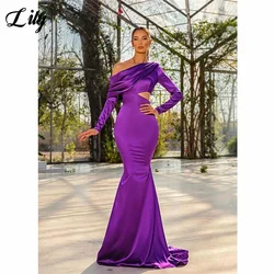 Lily Purple Prom Dress One Shoulder Satin Evening Dress Pleats Long Sleeves Party Dress Cutaway Sides Long Dress Robe De Soirée