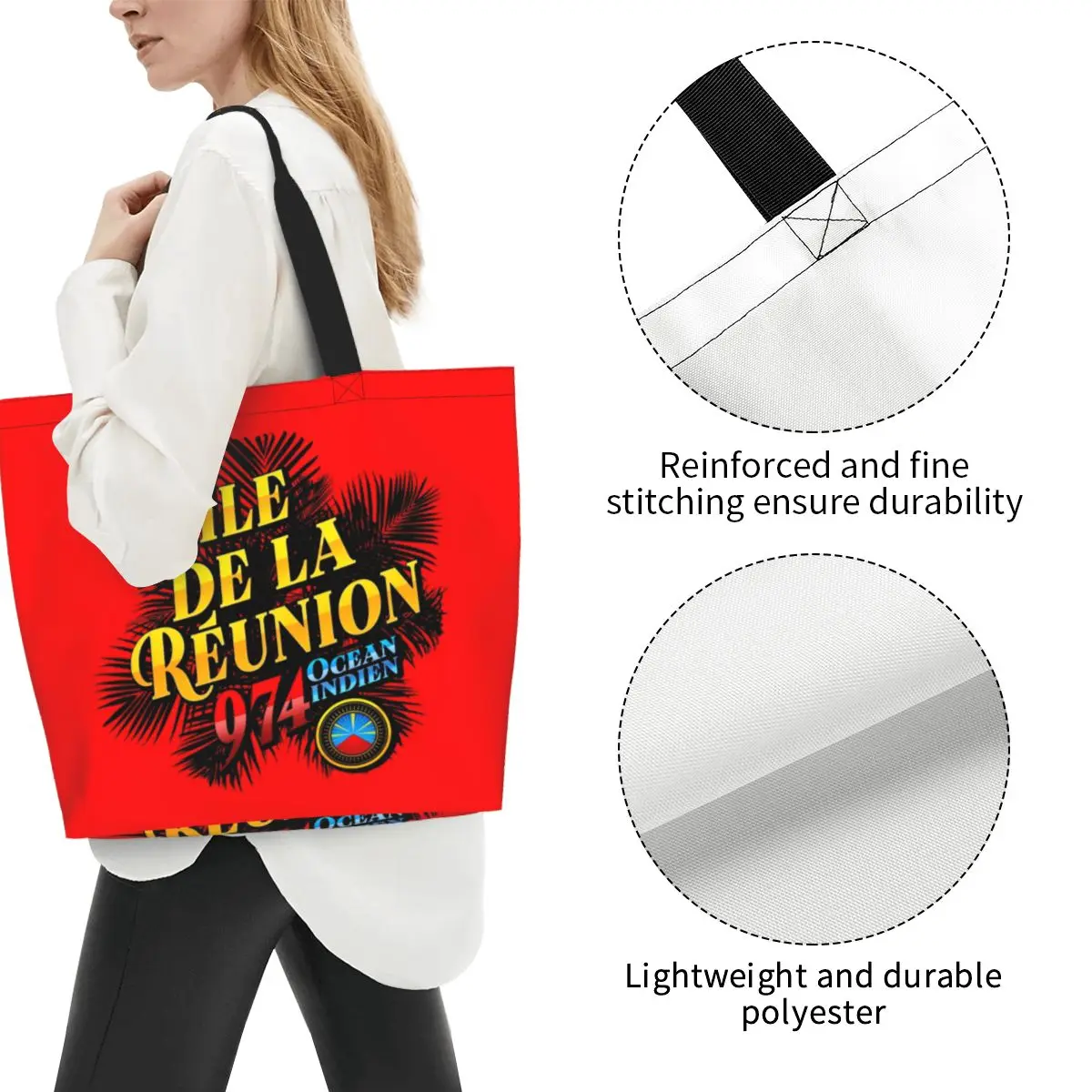 Reunion Island 974 Groceries Shopping Tote Bag Women Funny Tropikal leaves Canvas Shopper Shoulder Bags Large Capacity Handbags