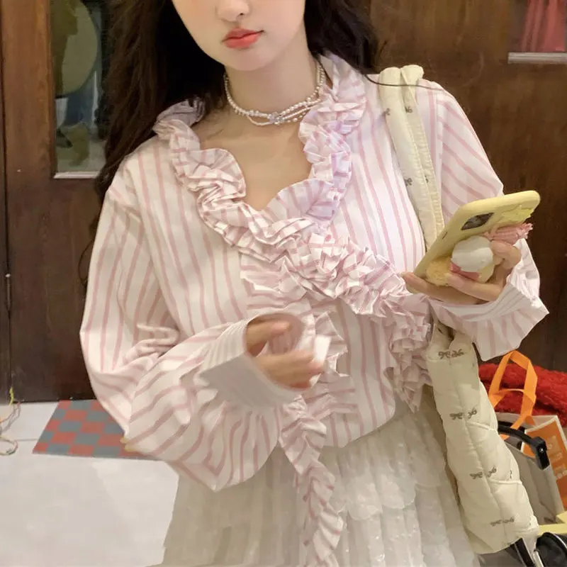 Female Clothing Pink Striped Shirts Casual V-Neck Spring Autumn Fashion Folds Patchwork Sweet Loose Korean Long Sleeve Blouse