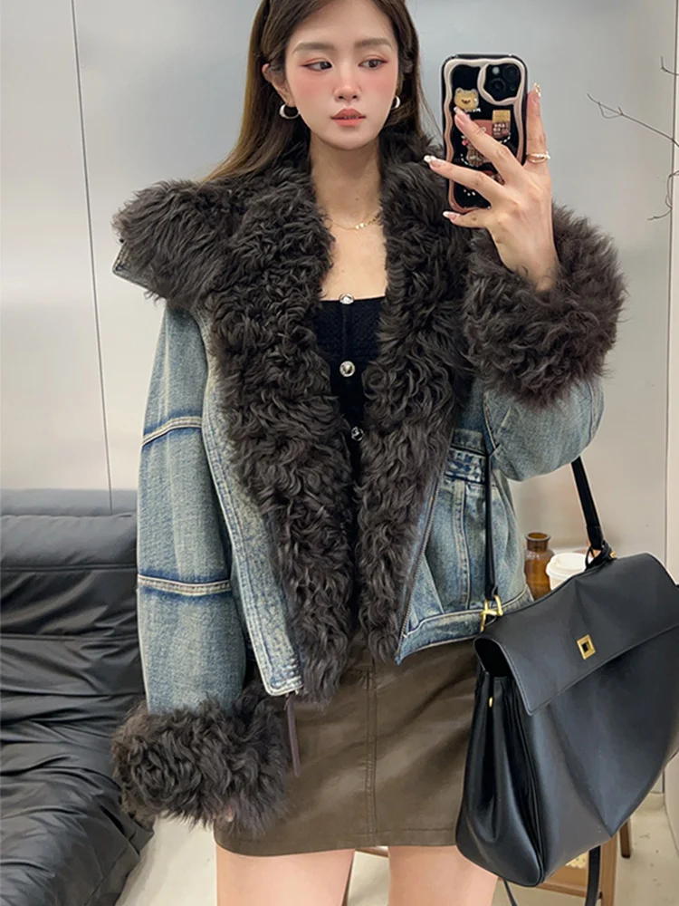 冬の新作リアルラムシープファーカラーカフスダウンジャケットショートカジュアルダウンウォームデニムジャケット女性用パーカーパファージャケット