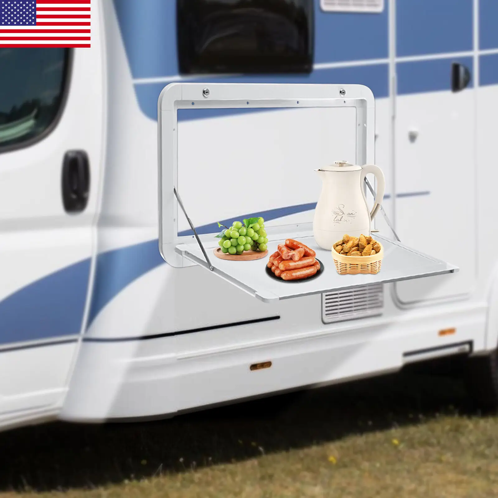 RV Caravan Picnic Folding External Table Aluminum 800x450mm Wall Mount White