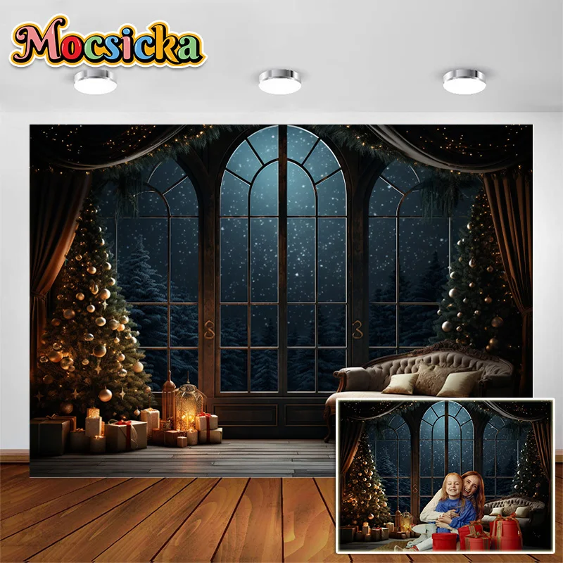 Winter Christmas Room Background Xmas Trees Window Outside Night Stars Snow Decoration Kids Portrait Photo Backdrops Photobooth