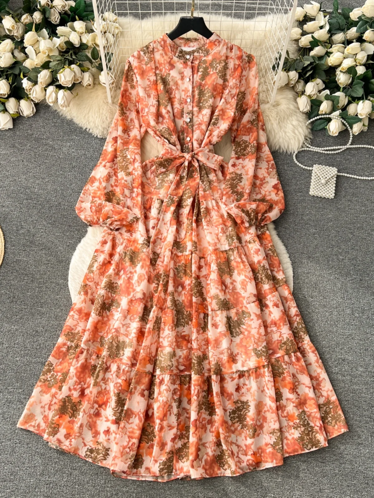Floral Print Chiffon Dr Women's Autumn New Knee-Length Gown Gentle Waist-Cinching Fairy Skirt A-Line Long Sve Midi Dr