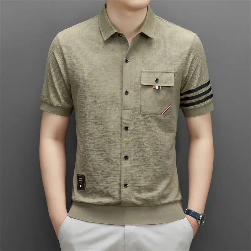 Summer Fashion Men Slim Striped Short Sleeve T-Shirt Lapel Button Cardigan Pockets Male Clothes Streetwear Casual Versatile Tops