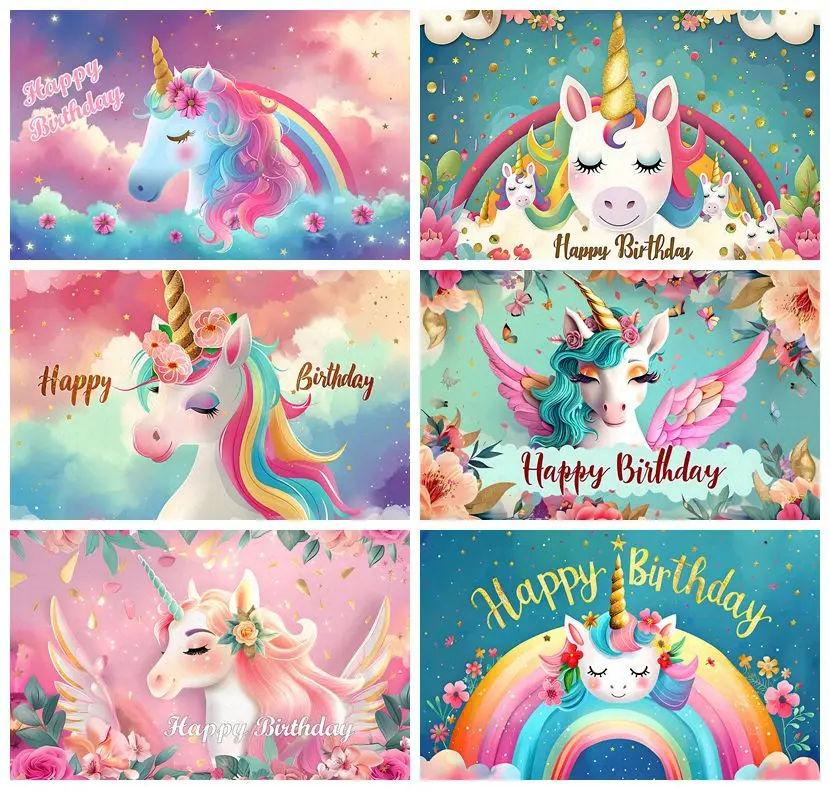 Unicorn Backdrop Rainbow Clouds Stars Glisten Child Birthday Party Decor Newborn Baby Shower Photo Custom Background Banner